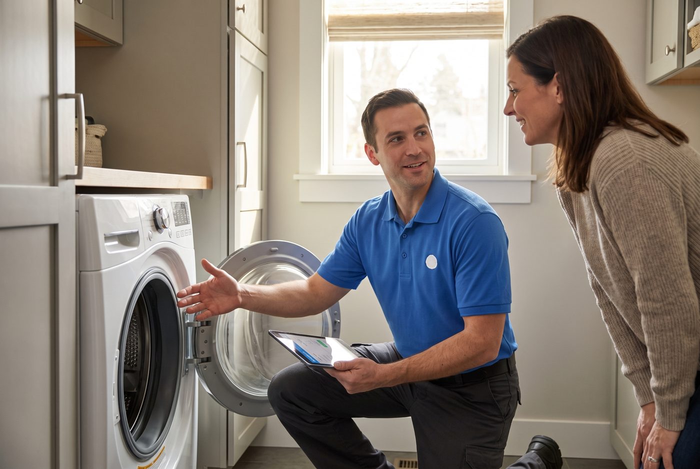 Technician explaining a written repair price to a homeowner in her laundry room